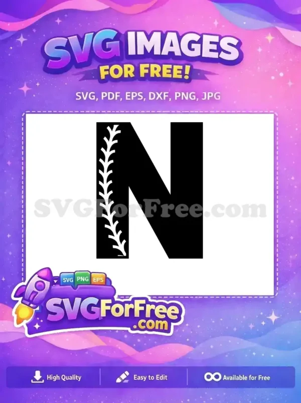 A striking free design of a black letter N with white baseball stitching on its left side, ideal for sports projects.