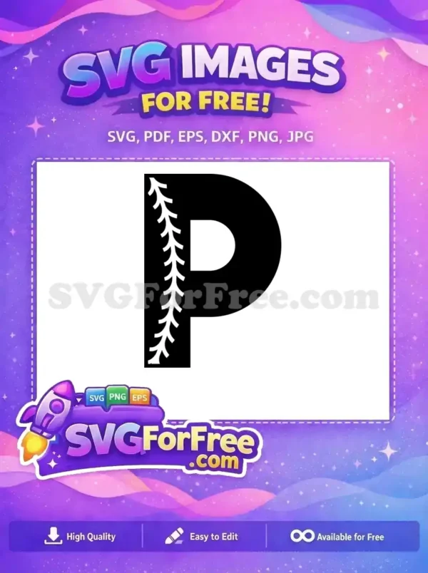 Free baseball 'P' letter SVG, featuring classic white stitching on a black background. Ideal free sports design.