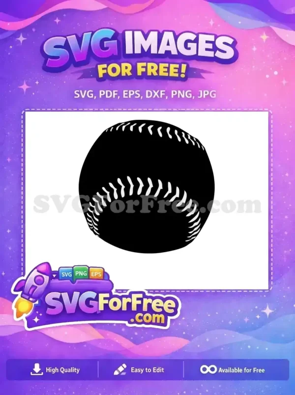 Free baseball SVG graphic, a classic black silhouette with white stitching, ideal for sports-themed projects and crafts.