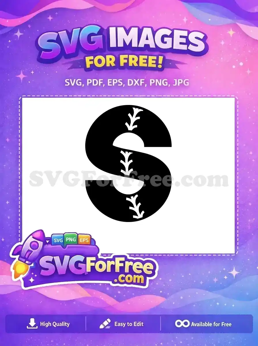 A free, bold black and white stylized letter S design, featuring baseball-like stitching, ideal for sports branding. Download this free SVG.