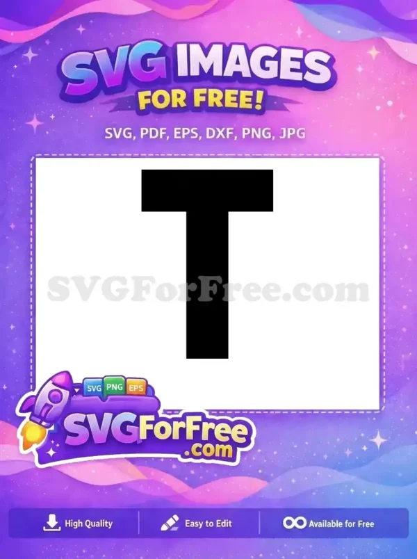 Free Bold Letter T Design – Instant Download SVG A crisp, free SVG of the bold uppercase letter 'T' in black on a white background, ideal for various crafts.