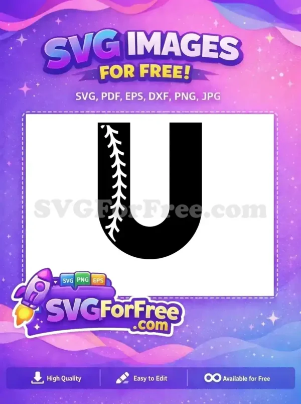 A free black letter 'U' with white baseball stitching on the left, a versatile SVG for sports-themed crafts.