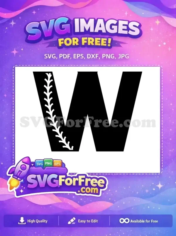 A free bold black letter 'W' with white baseball stitching on its left stroke, ideal for sports designs. Download this free SVG now!