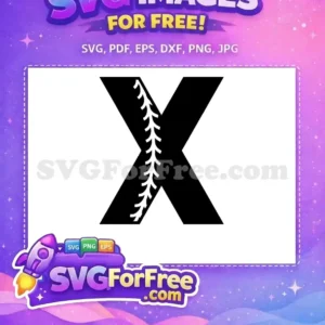 Free Baseball ‘X’ Letter SVG Design – Sports Alphabet Art A striking free design of the letter 'X' in black, adorned with a white baseball stitch pattern. Ideal free craft asset.