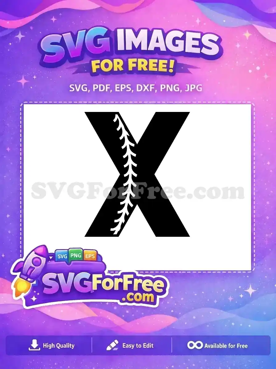 A striking free design of the letter 'X' in black, adorned with a white baseball stitch pattern. Ideal free craft asset.