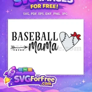 Free Baseball Mama SVG Design for Proud Sports Moms A free Baseball Mama SVG with a heart-shaped baseball and a red bow, perfect for proud sports moms. This free design is ready for your crafting projects.