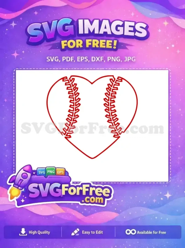 A charming free baseball heart design, featuring iconic red stitches on white. This free SVG is ideal for expressing your love for the game.