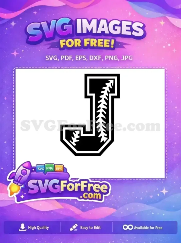 A free, striking varsity-style letter J with classic baseball stitching, ideal for personalized sports designs. Download now!