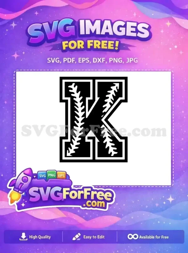 Explore this free baseball-themed letter K SVG design, featuring classic stitch details. Ideal for personalized crafts and sports apparel, a truly versatile free vector.