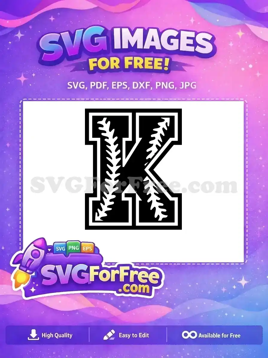 Explore this free baseball-themed letter K SVG design, featuring classic stitch details. Ideal for personalized crafts and sports apparel, a truly versatile free vector.