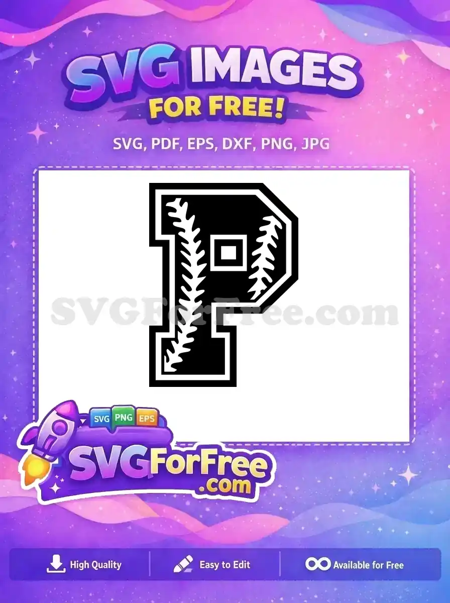 Free baseball 'P' letter SVG, featuring classic stitching. An ideal free design for personalized sports apparel and crafts.
