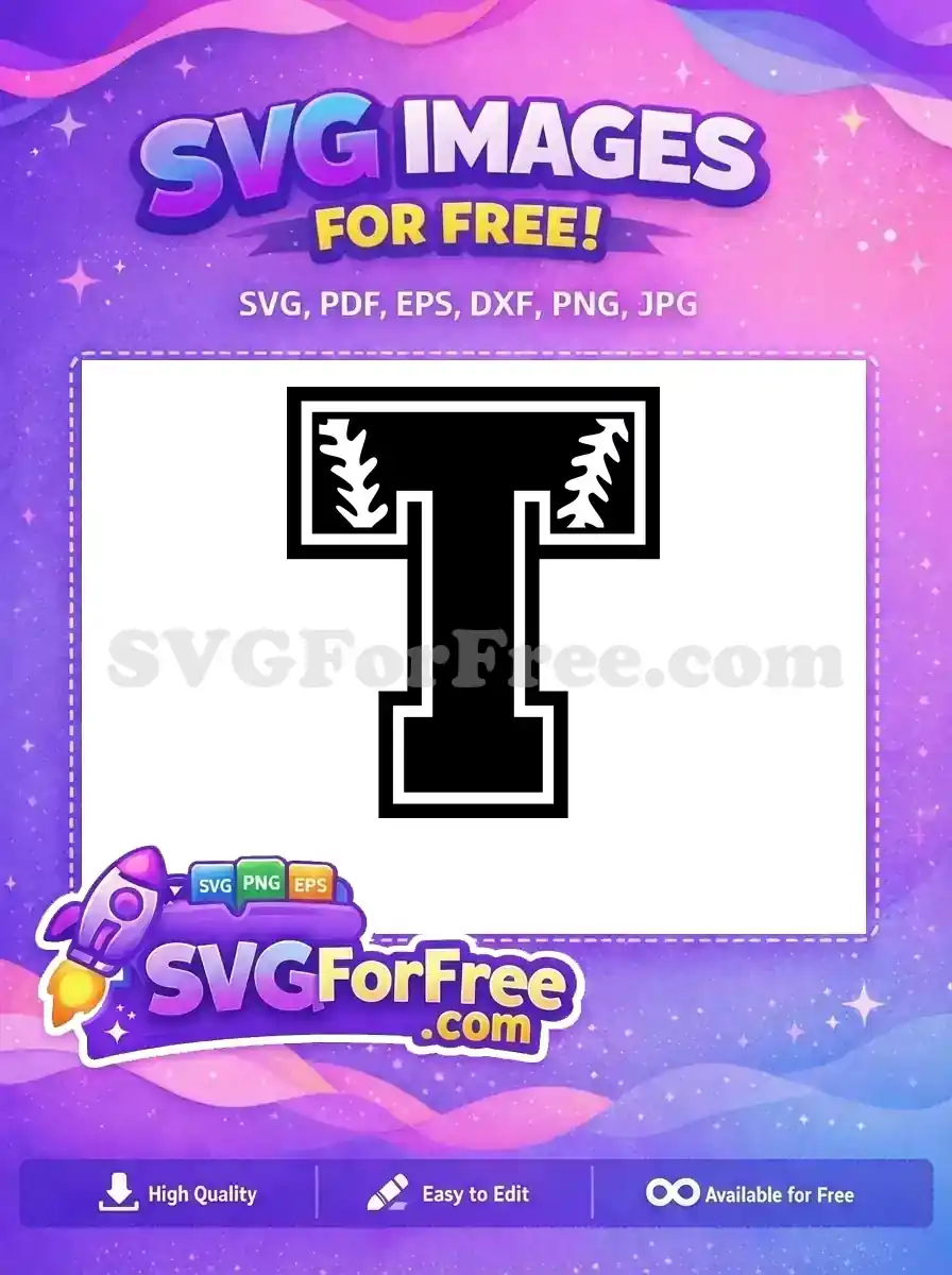 A free SVG design featuring a bold black letter 'T' with a white outline and distinct baseball stitching details.