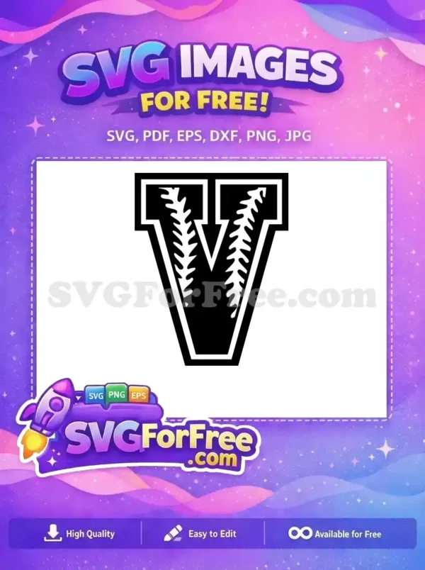 Discover this free baseball 'V' logo SVG, featuring bold black letter with white stitching. Ideal for sports projects and apparel!