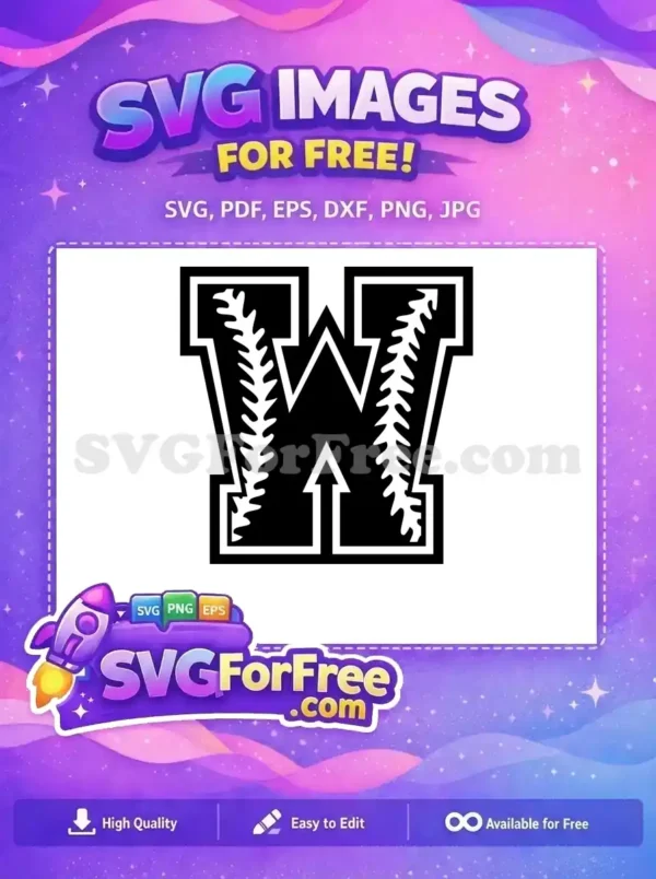 A striking black and white free SVG of the letter 'W' with baseball stitching, ideal for free sports designs.