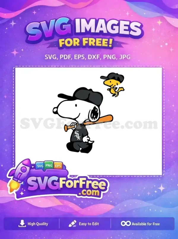 Free Snoopy in a Chicago White Sox baseball uniform with bat, alongside Woodstock, a charming free sports vector.