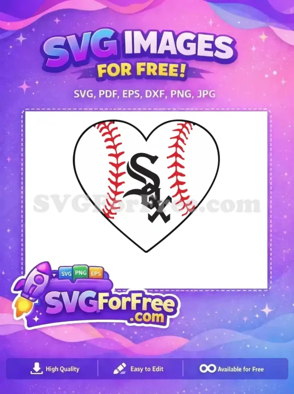 Free baseball heart SVG featuring classic red stitching and 'SOX' logo, ideal for sports fans and crafters.