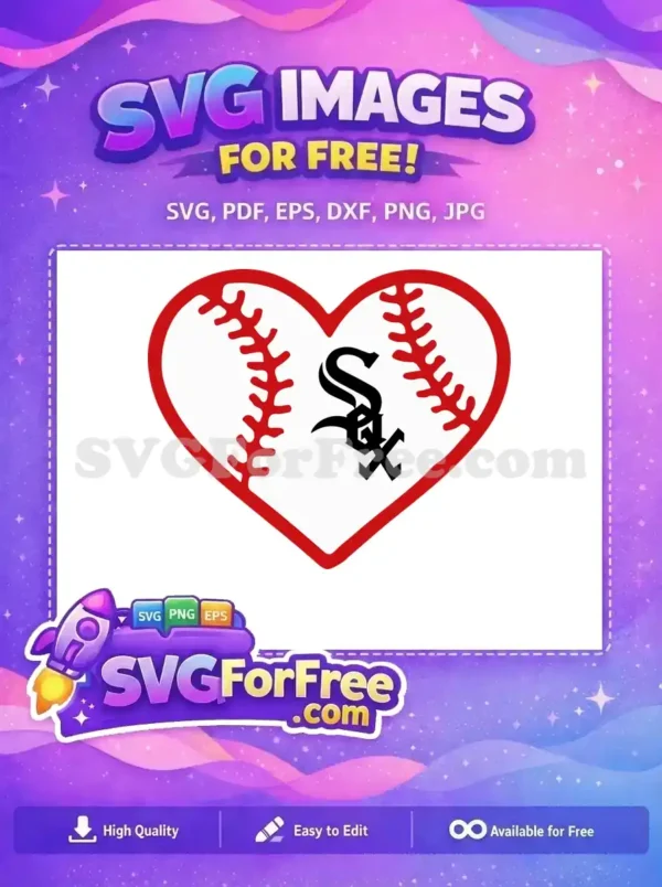 A free baseball-themed heart design with red stitching and a black stylized 'Sox' logo, ideal for fans. This free SVG is perfect for expressing team spirit and crafting unique items.
