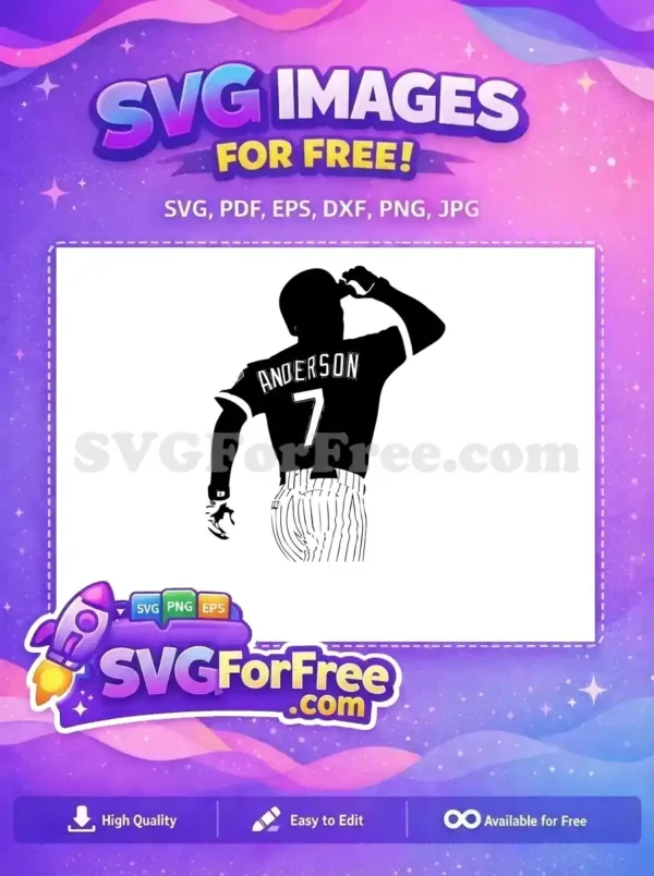 Dynamic Free Baseball Player Anderson #7 SVG Vector Art A free SVG of a baseball player, Anderson #7, shown from behind in a striking silhouette, ideal for creative projects.