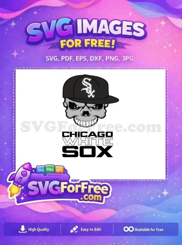 A free design featuring a fierce skull wearing a Chicago White Sox cap, with team name below. A cool free SVG.