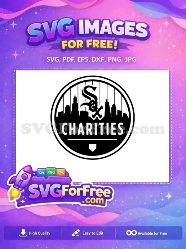 A free design of the Chicago White Sox Charities logo, featuring the "SOX" script, city skyline, and home plate. This free SVG is ideal for fan projects.