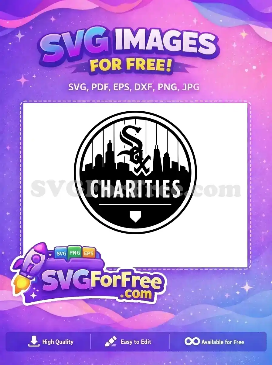 A free design of the Chicago White Sox Charities logo, featuring the "SOX" script, city skyline, and home plate. This free SVG is ideal for fan projects.