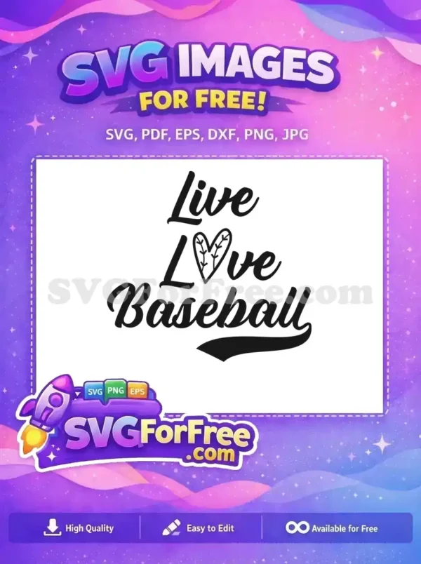 Free Live Love Baseball SVG design featuring a heart with baseball stitches, perfect for sports enthusiasts and crafters.