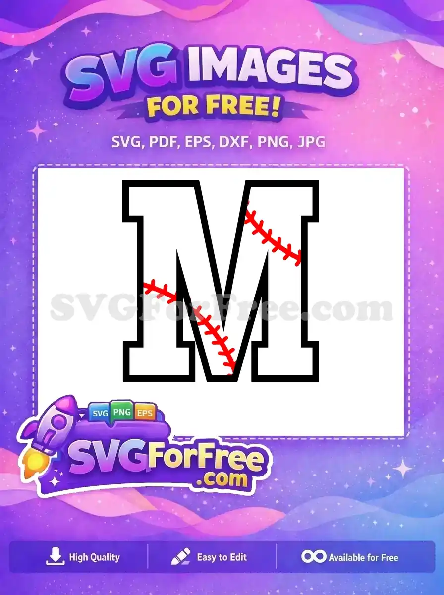 Free baseball 'M' letter SVG design, featuring classic red stitches on a bold black and white initial. Ideal for team logos.