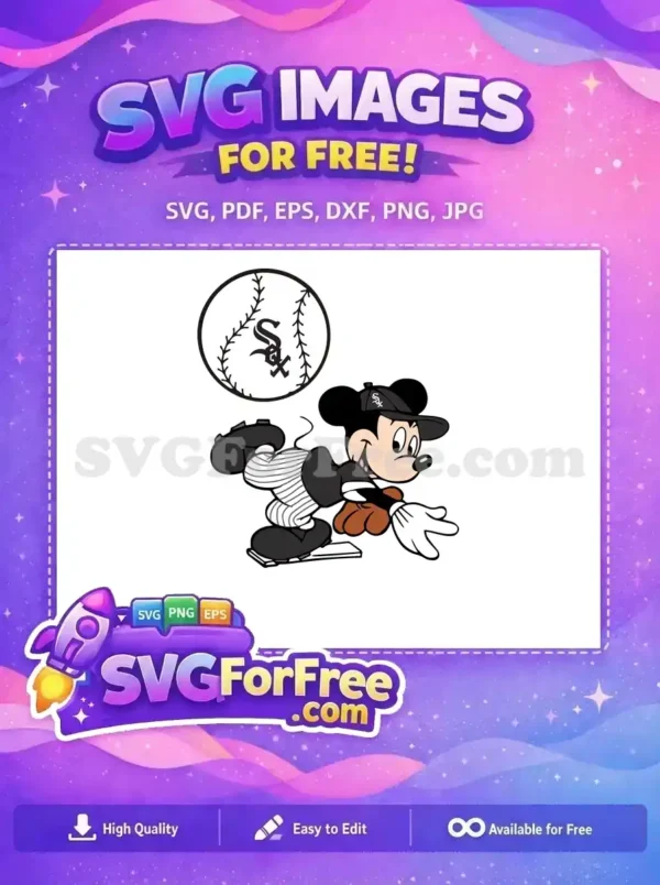 Dynamic free SVG of Mickey Mouse playing baseball in a Chicago White Sox uniform, ready to field. A fun, free design for all fans!