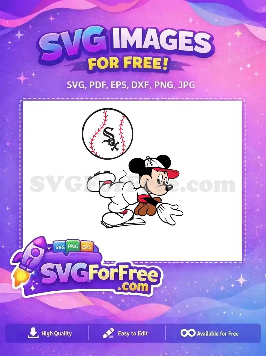 Free Mickey Mouse baseball player SVG, sliding into base with Chicago White Sox logo. A dynamic free vector design.