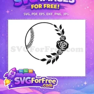 Free Baseball Rose Wreath SVG – Unique Sports & Floral Design A free SVG combining a baseball outline with elegant floral roses and leaves, ideal for unique, free craft projects.