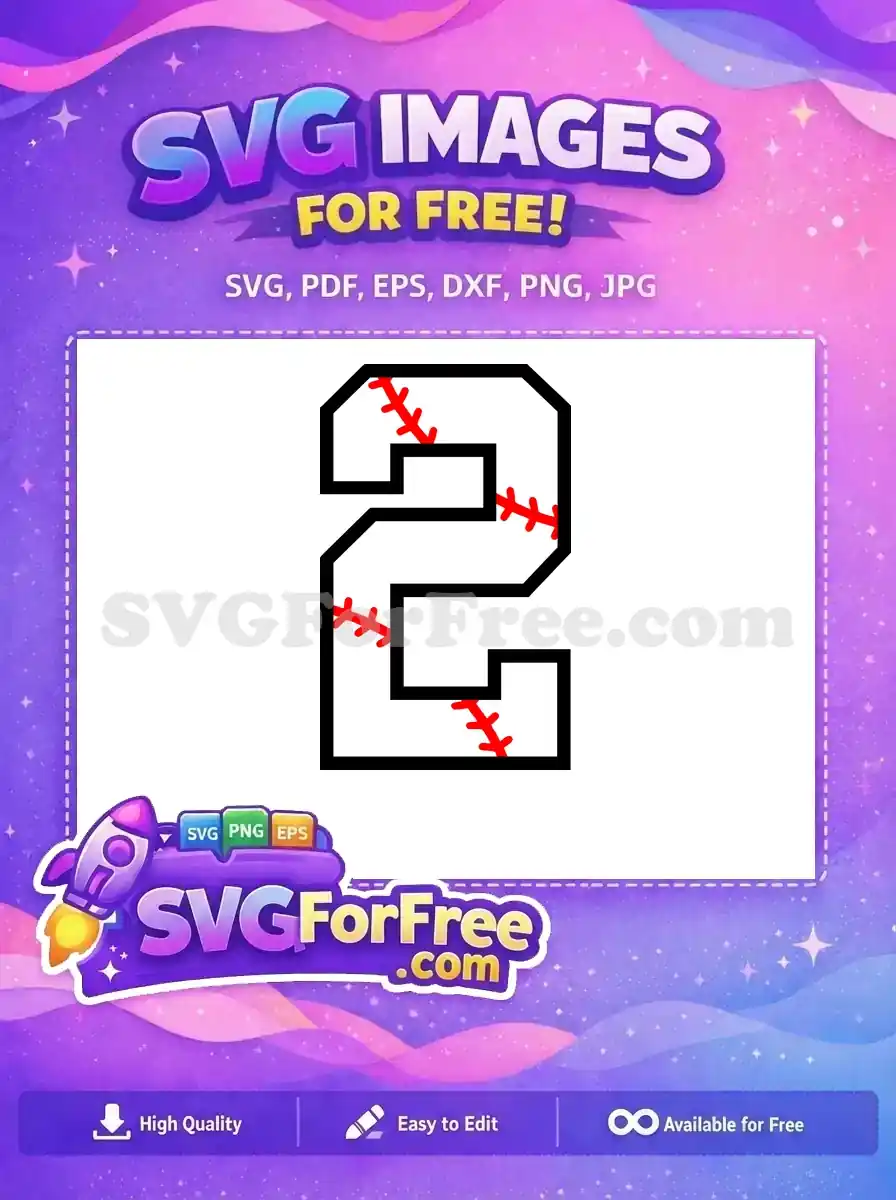 Free baseball number 2 SVG, a bold black outline digit with vibrant red stitching, ideal for sports-themed free designs.