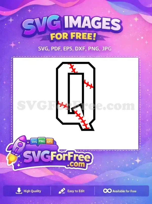 A vibrant free baseball-themed letter 'Q' design, featuring classic red stitching. This free SVG is perfect for sports fans and crafters.