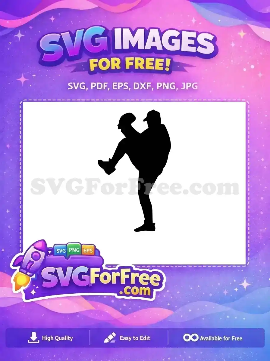Dynamic free baseball pitcher silhouette, mid-pitch, wearing a cap. Ideal for sports logos or craft projects, a fantastic free design.