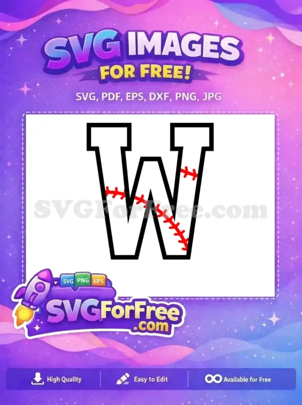 A free design of the letter 'W' styled with classic baseball stitching. Ideal for sports-themed projects, completely free.