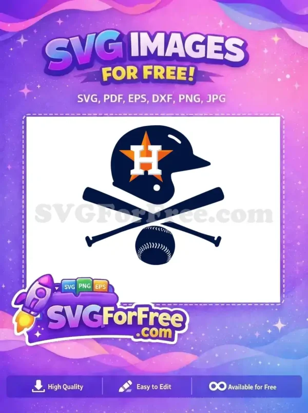 Free Baseball Fan Design: Iconic Sports SVG for Projects A vibrant free baseball sports design featuring a dark blue helmet with orange star 'H' logo, crossed bats, and a baseball. Perfect for fans!