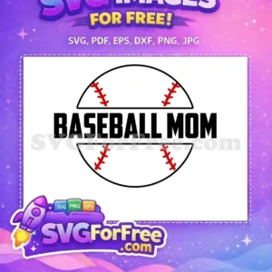 Free Baseball Mom SVG Design – Show Your Team Spirit! A free Baseball Mom SVG design featuring bold black text within a white baseball silhouette with red stitches. Express your team pride!