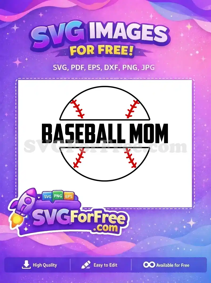 A free Baseball Mom SVG design featuring bold black text within a white baseball silhouette with red stitches. Express your team pride!
