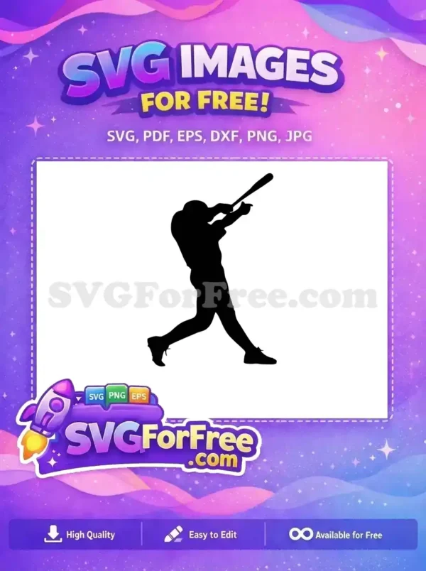 A striking free SVG silhouette of a baseball player mid-swing, bat raised, capturing athletic power and motion.