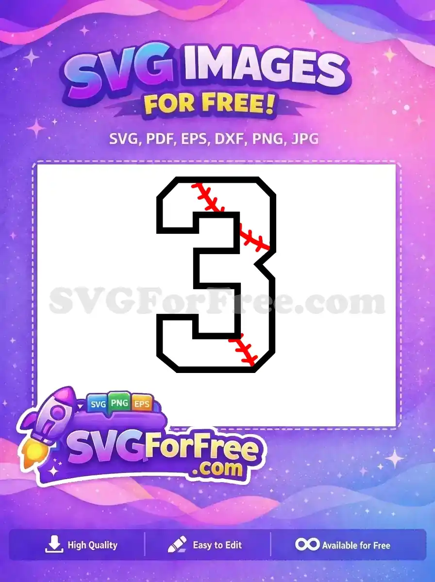 A free number 3 design stylized with classic red baseball stitches on a white background, outlined in black. Ideal for sports-themed projects, this free SVG offers athletic appeal.