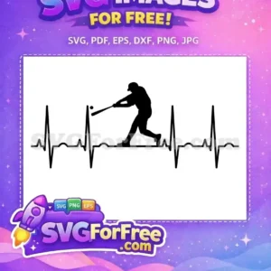Free baseball heartbeat SVG design featuring a silhouette batter hitting a ball on an ECG line, perfect for free sports art.