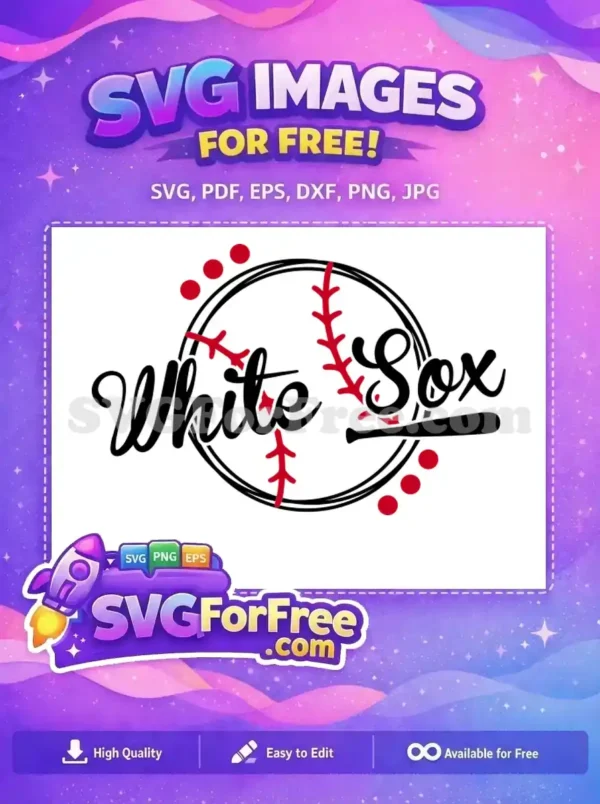 Free White Sox baseball SVG design, perfect for fans. Features iconic team name, bat, and classic stitching.