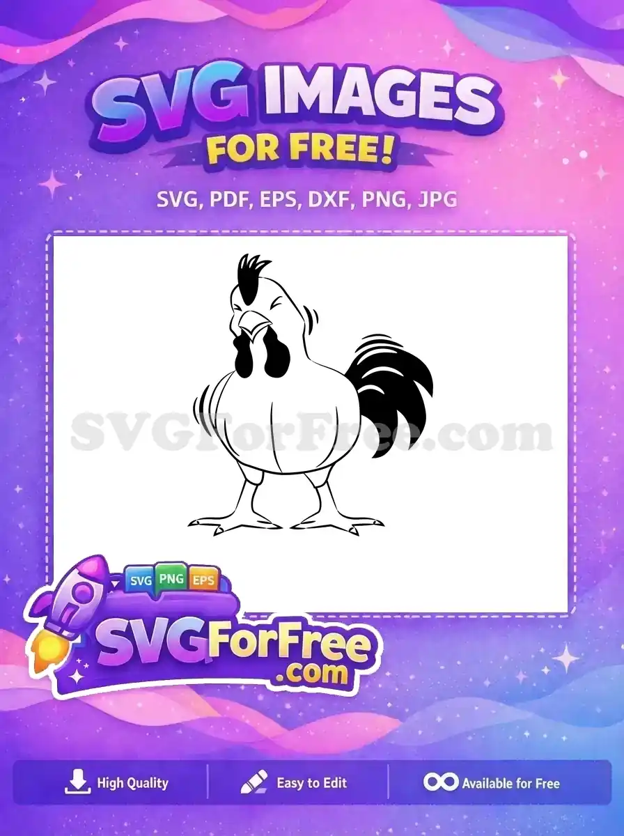 A charming free black and white cartoon rooster SVG, crowing with a bold outline style. Ideal free design for any project.