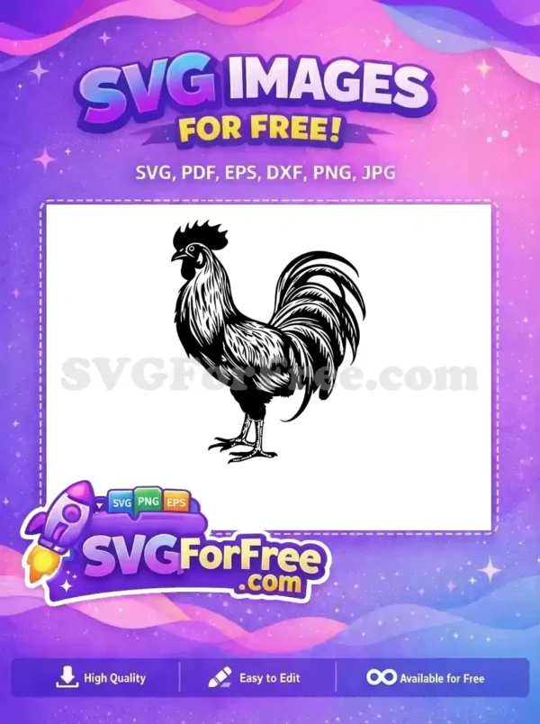 A detailed black and white free rooster SVG, standing proudly. This free design is perfect for various creative projects.