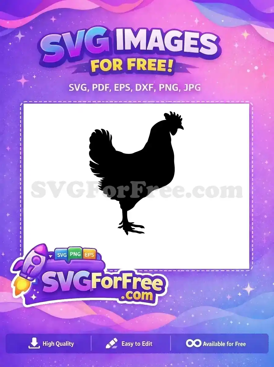 A crisp black free chicken silhouette design, standing in profile. Ideal for various crafting projects. Free download!