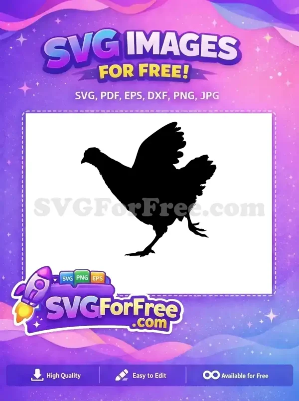 Free Galloping Chicken SVG – Dynamic Farm Animal Design Dynamic free chicken silhouette, captured mid-stride with wings slightly spread, ideal for farm-themed free designs.