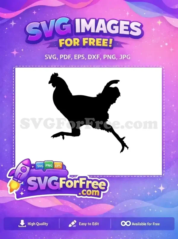 Free Chicken Silhouette SVG Design – Dynamic Farm Animal A striking free chicken silhouette SVG, depicting a hen in a lively stride against a white background. Ideal for free craft projects.