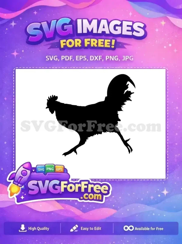 A striking free black rooster silhouette, captured mid-stride. Ideal for various creative projects and free designs.