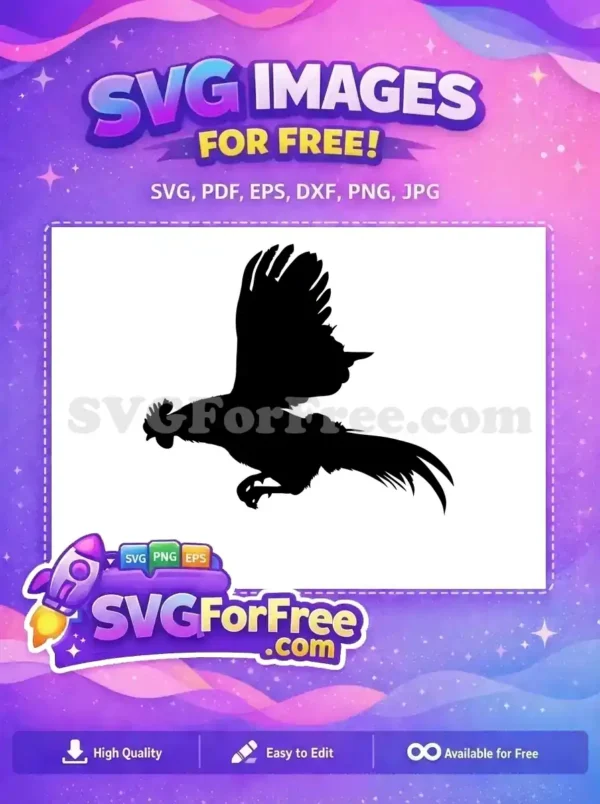 Dynamic free rooster silhouette captured mid-flight, showcasing powerful wings and tail. A versatile free design ready for your creative projects.