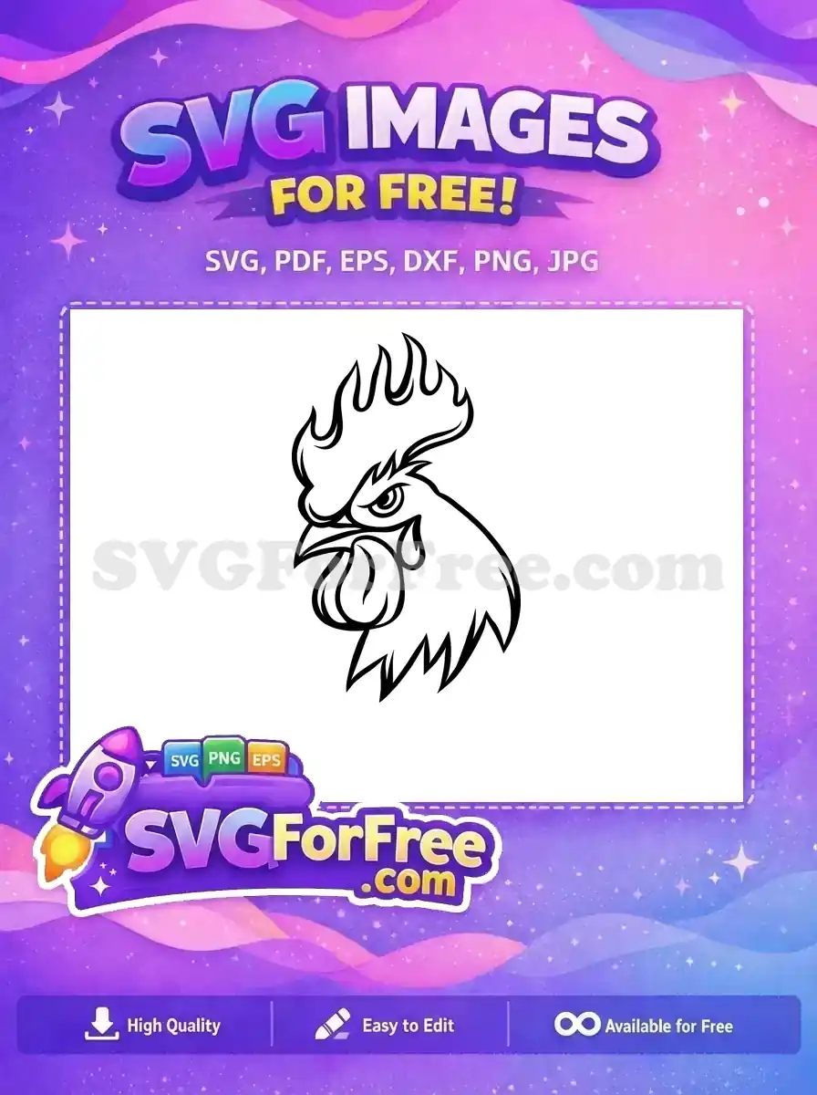 Discover this free fierce rooster head SVG, showcasing a flaming comb and intense gaze, ideal for diverse creative projects.