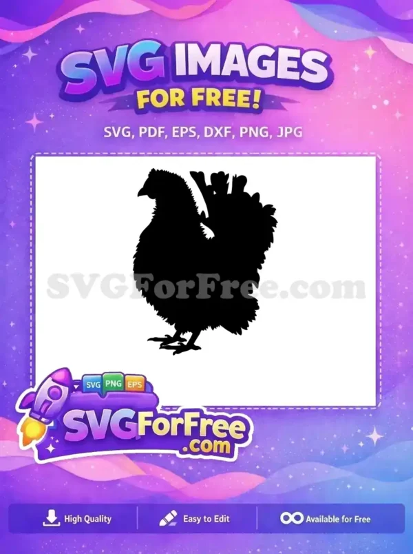A striking free chicken silhouette design, ideal for various creative projects. This free SVG offers clean lines and farm charm.